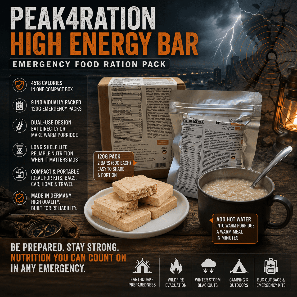 PEAK4RATION Emergency Ration Bars 4518kcal 1.08kg/9bags Neutral Sweet | Long Shelf-Life Survival High Energy Biscuits with Hot Porridge Option | MRE Emergency Preparedness Food Bar - Made in Germany