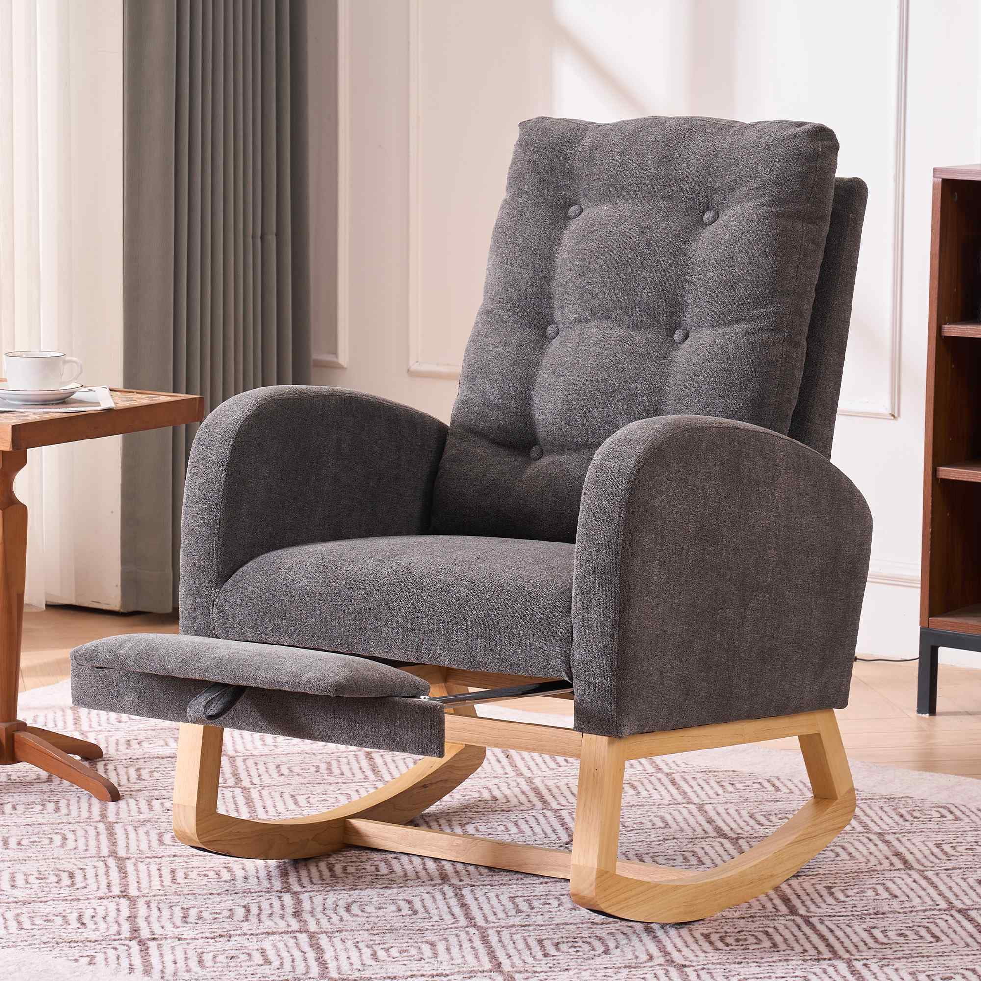 Timbernest Accent Rocking Chair with Footrest, High Back, Rubberwood Rocking Legs for Nursery, Living Space, Teddy Gray