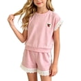 thumbnail image 2 of Amidoa Girls Summer Outfits 2 Piece Short Sleeve T Shirt Cute Top and Casual Shorts Kids Clothing Sets,Pink Size 10, 2 of 7