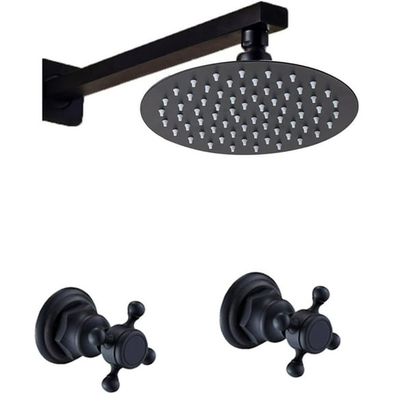 Shower Head, G1/2" Thread 8'' High Pressure Shower Head with 2-Handle Mixer Valve Kit, Wall Mounted Round Rain Shower Faucet Set for Bathroom Black