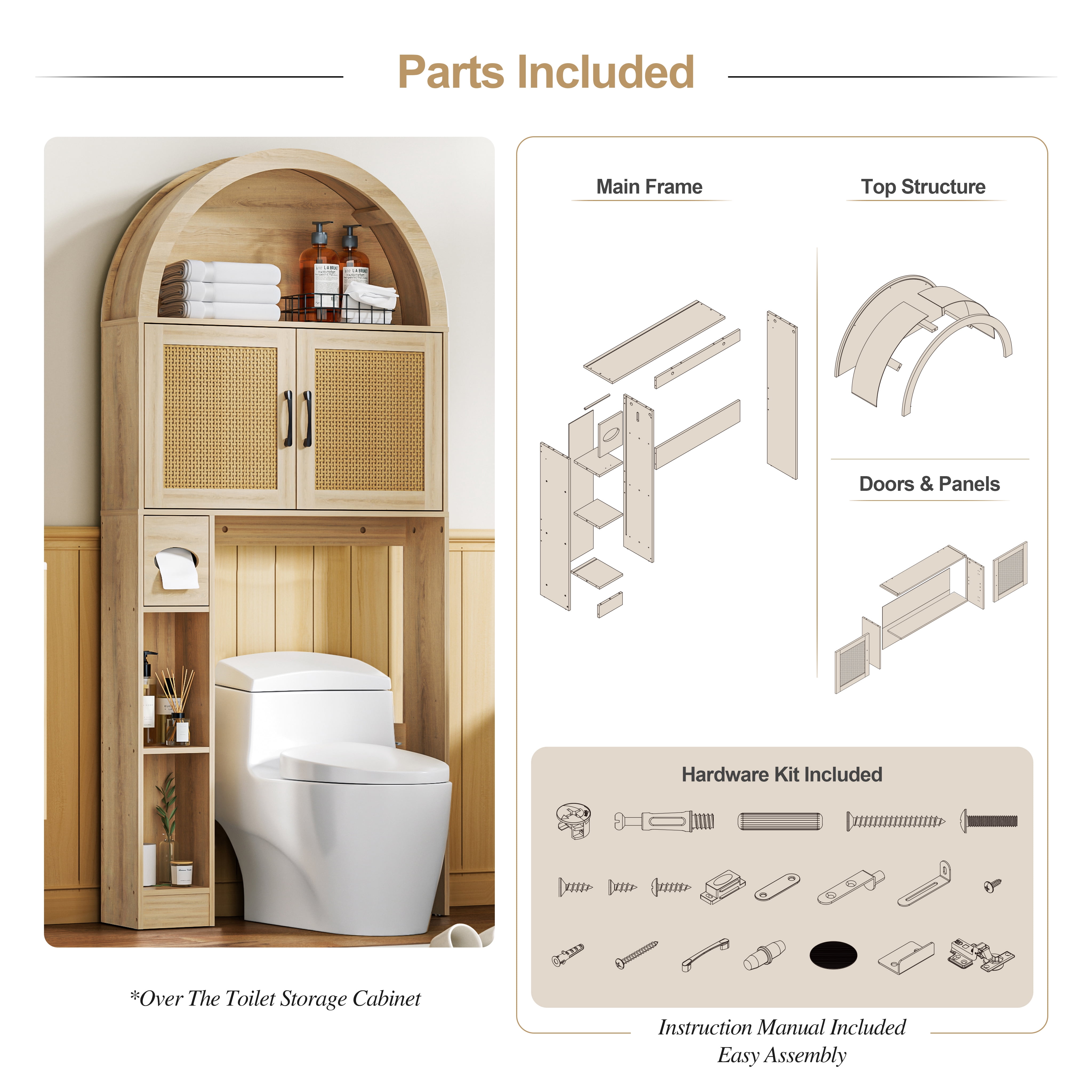 AHB Over Toilet Storage Cabinet with Arc Design, Freestanding Bathroom Organizer with Doors, 7.7"D x 30.5"W x 67.7"H, Wood Color