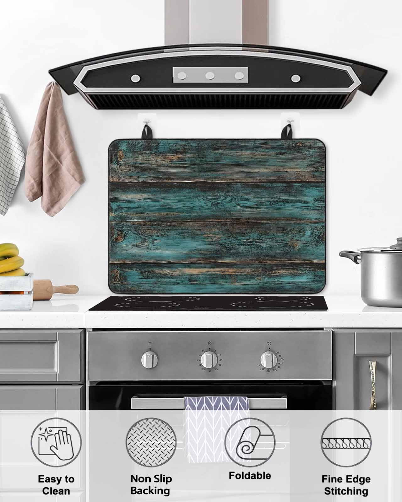 nqOlkjepod Large Induction Cooktop Protector Mat 28.5"x20.5", Teal Brown Plank Prints Stove Top Covers for Electric Stove, Farmhouse Vintage Wooden Grain Stove Burner Cover Mats Stove Cover