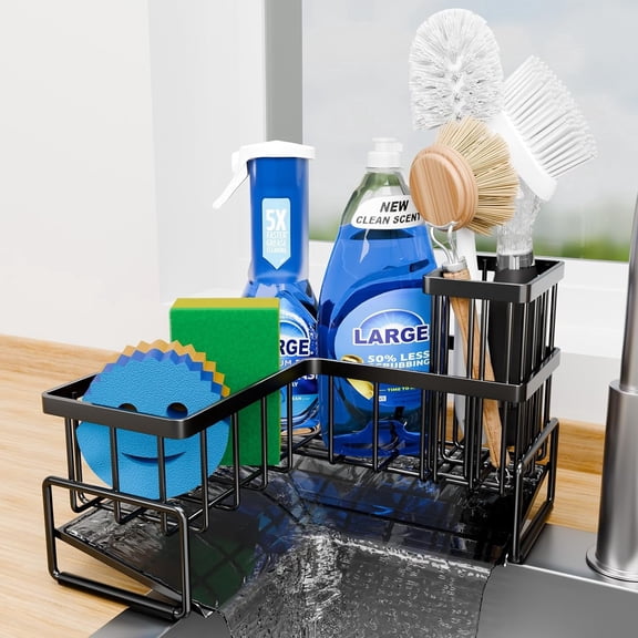 L-Shaped Kitchen Sink Sponge Holder, 90 Degree Corner Sink Caddy Storage Rack with Dish Brush Slot, Metal Sink Organizer for Sponges, Soap and Cleaning Supplies
