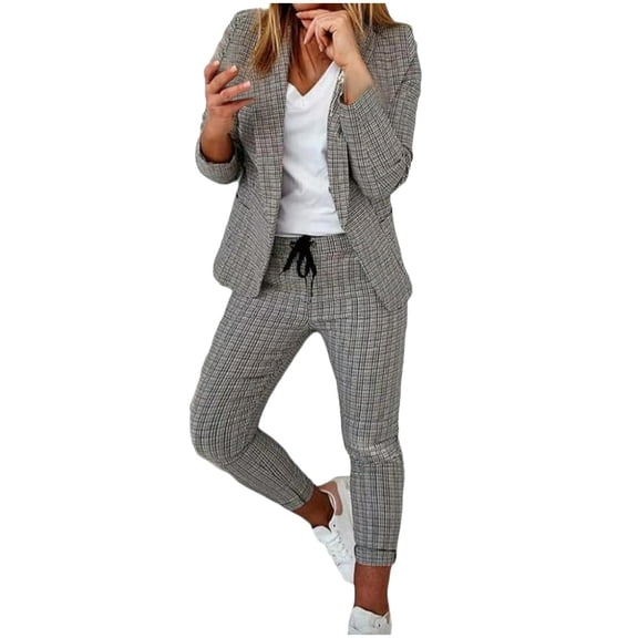 up to 60% off Gifts Womens Blazer Sets Business Lounge Sets for Women Classic Plaid Print Button Laple Blazer Coat and Suit Pant 2 Piece Outfits Sets Office Workout Casual Blazer Sets