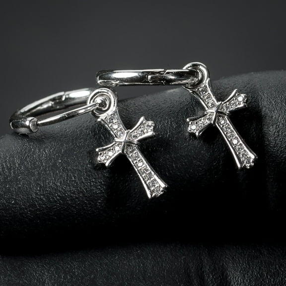 White Gold Plated 925 Sterling Silver Iced Cz Men's Hanging Dangle Cross Hoop Earrings