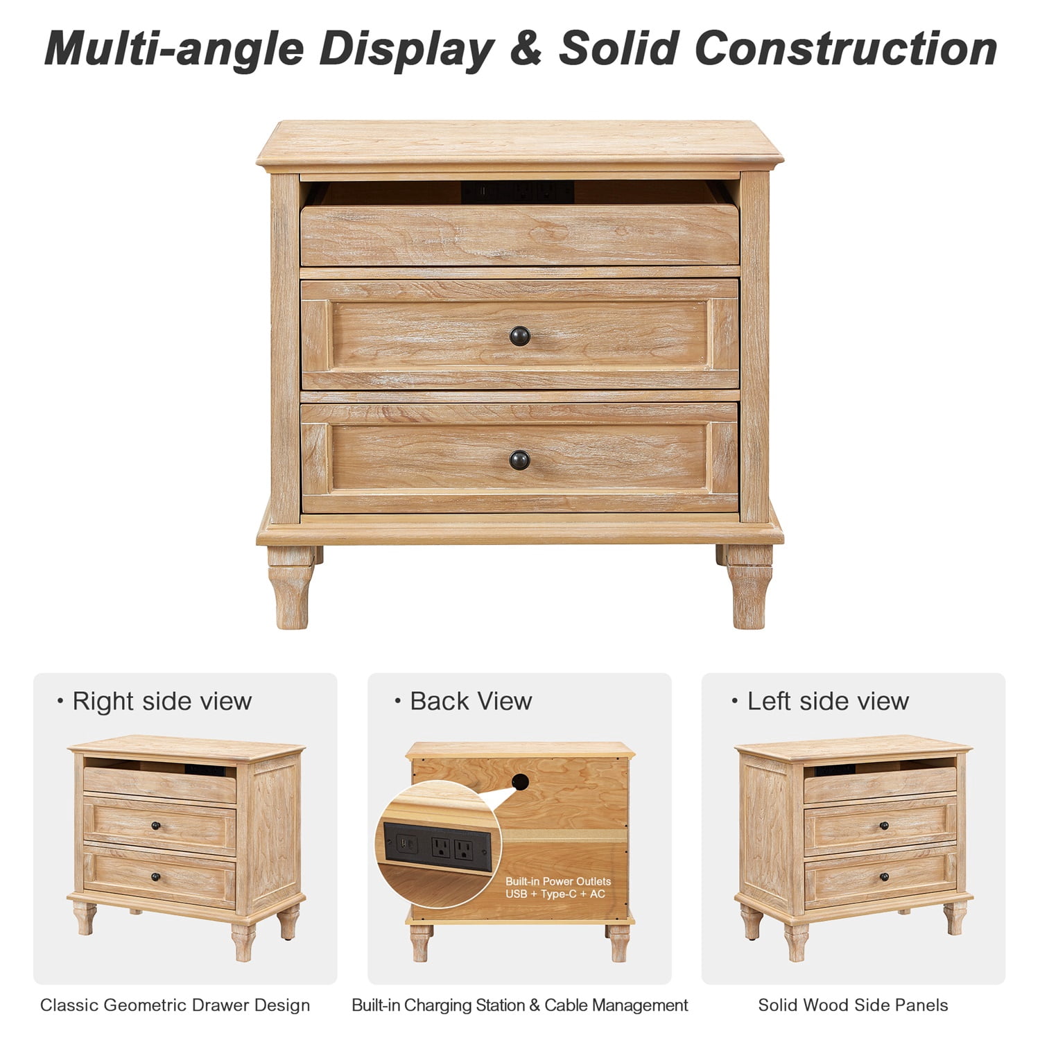 Hommoo 28" Farmhouse Wood Nightstand with Built-in Charging Station, 3 Drawers, 2 AC Outlets, USB & Type-C Ports, Solid Wood Legs, Bedroom End Table, Natural