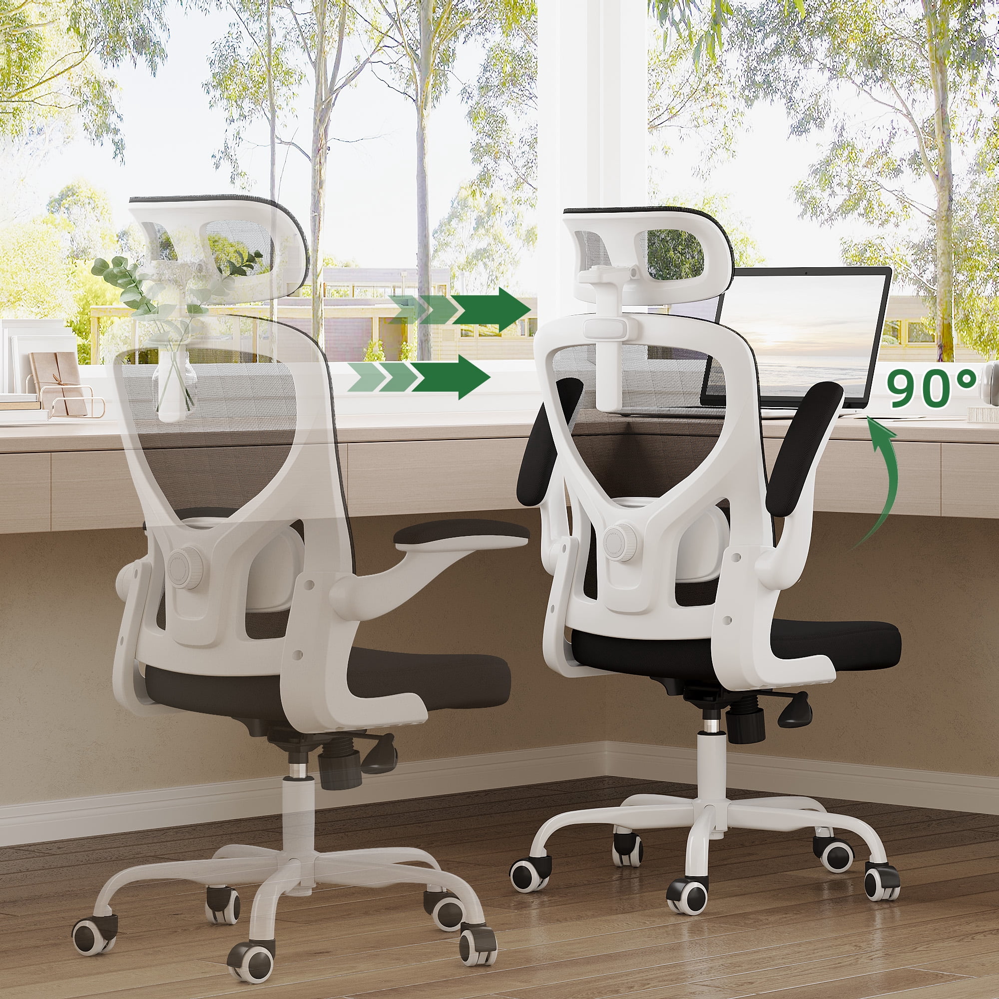 MAYEERTY Ergonomic Home Office Chair with Lumbar Support, Flip-Up Armrests, Headrest for Work & Study,White-black