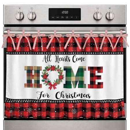 Farmhouse Oven Skirt Curtain Christmas Oven Curtain Tie Top Winter Poinsettia Snowflakes Red Black Plaid Stove Skirt Curtains with Ties&Ruffle Trim Dishwasher Skirts Curtains for Cabinet 30 x21.5