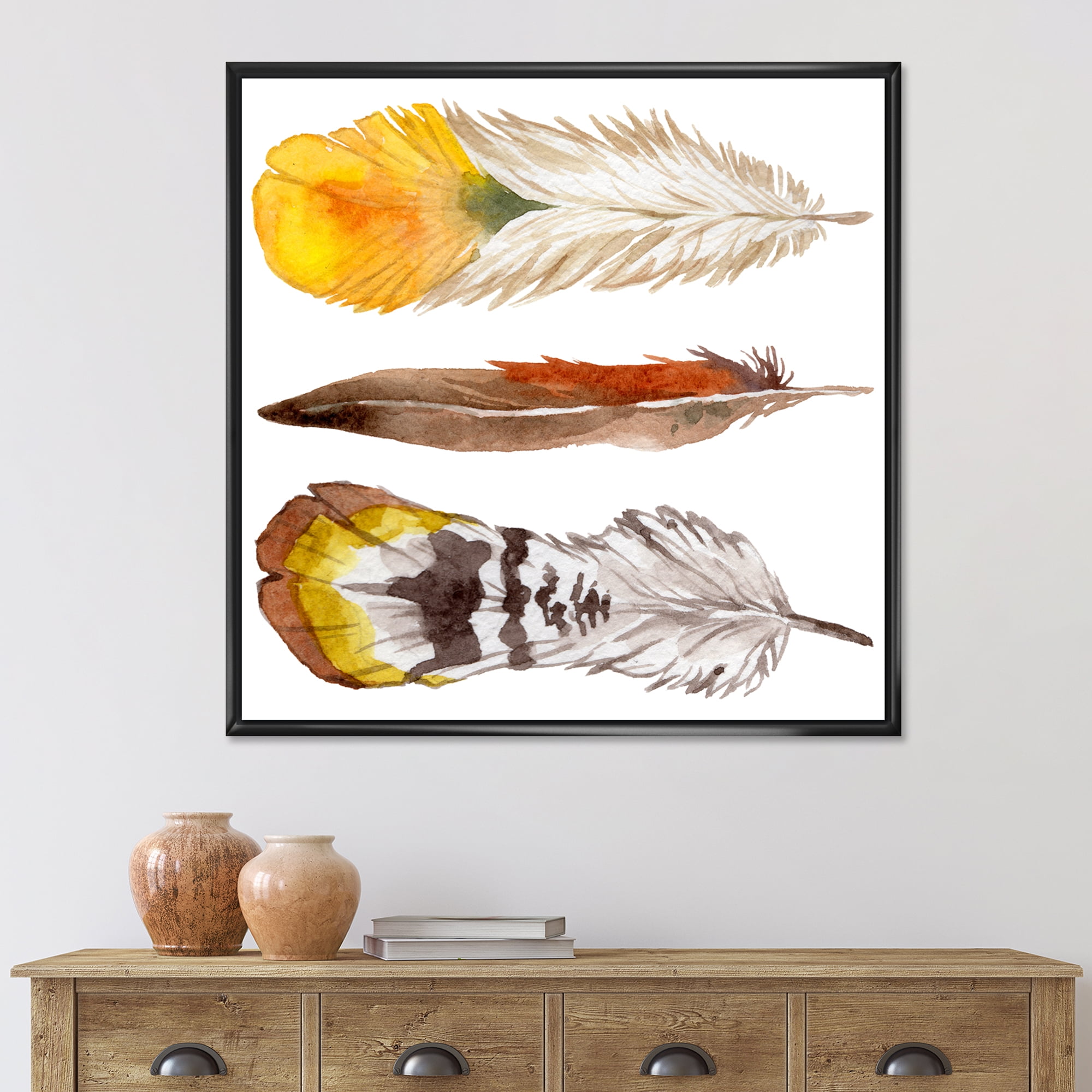 Designart 'Ethnic Yellow Feather From Wing On White' Bohemian & Eclectic Framed Canvas Wall Art Print