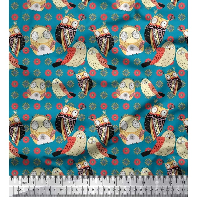 Soimoi Poly Georgette Fabric Floral & Owl Cartoon Decor Fabric Printed Yard 52 Inch Wide