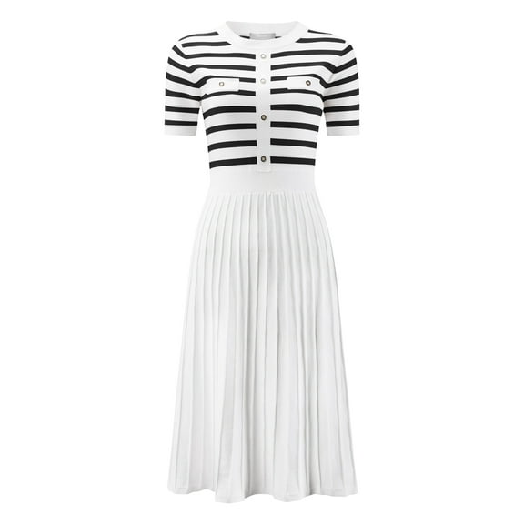 DARING DIVA A-Line Knit Striped Pleated Ribbed Sweater Dress S Black