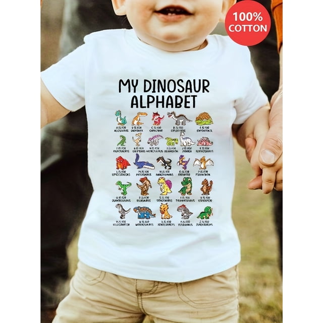 Camiseta Gourd Doll para niño, 100 % algodón, cuello redondo informal, manga corta, ligeramente elástica, con estampado de dinosaurios para niños, camiseta de verano | Camiseta con estampado de dino