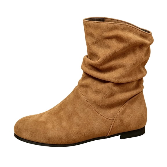 SAWOBUUN Womens Slouch Mid Calf Boots Faux Suede Ruched Boots Round Toe Flat Low Heel Pull On Comfortable Casual Boots