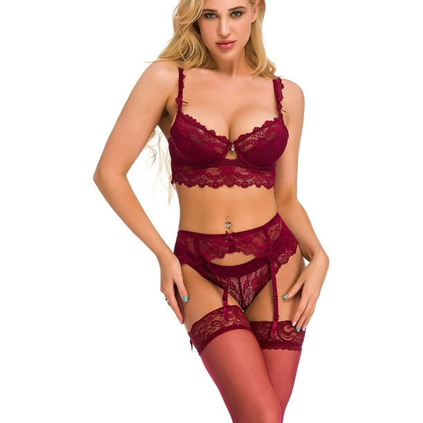 Women's Sexy Push Up Embroidery Lace Bra and Panties Lingerie Set (Suspender Garter Belt