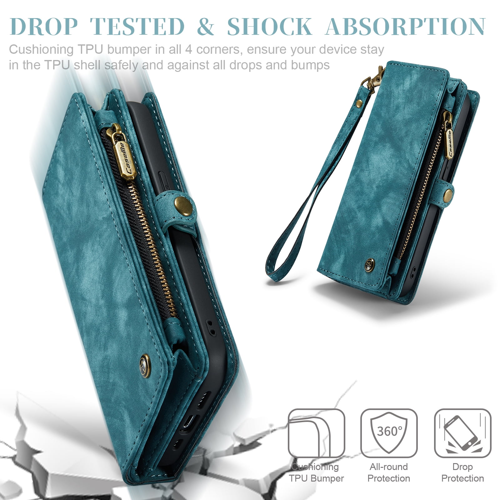 for iPhone 16 Premium PU Leather Folding Case, Multiple Card Slots Design, Wrist Strap Zipper Pocket Kickstand Magnetic Snap, Wireless Charging for iPhone 16, Green