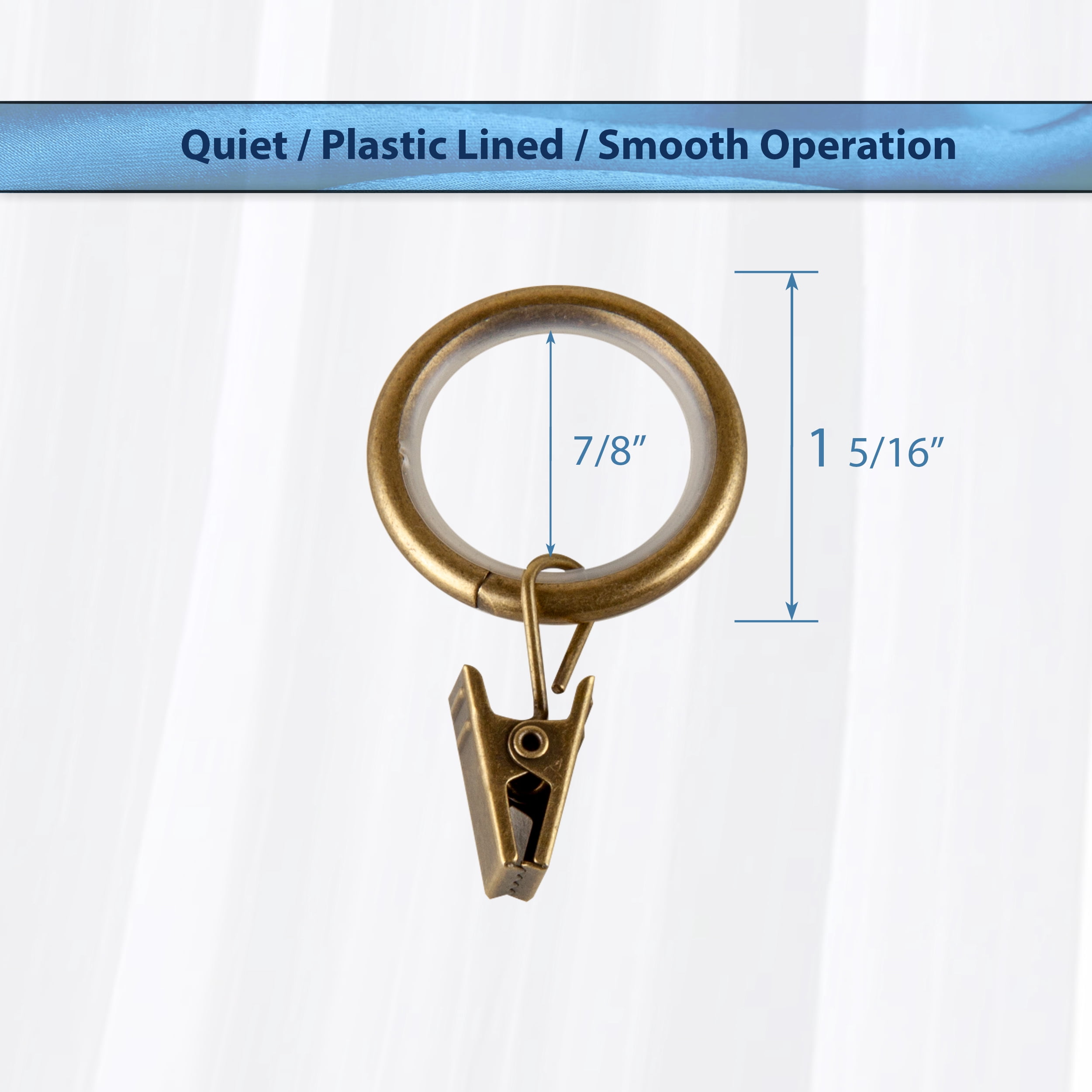 PlusCasa Noise-Canceling 7/8 inch Antique Brass Curtain Rings with Clips (10 Count)