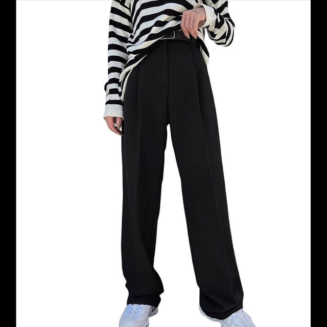 Pantalones de Traje de Pierna para Mujer, Pantalones Largos Informales de Negocios con Cintura Holgada y Corte Holgado Negro S