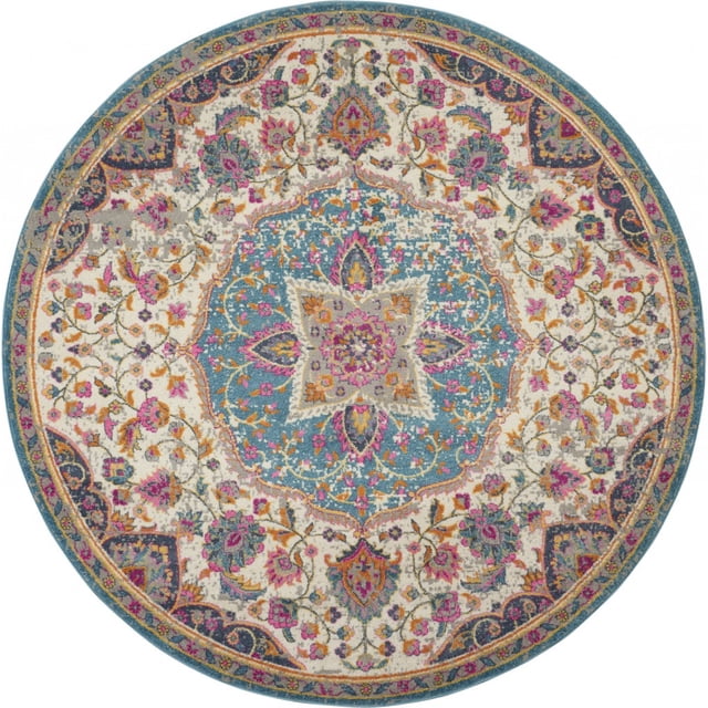 homeroots Décoration Intérieure 385532 Tapis Rond 5 Pieds Médaillon Floral Rose et Bleu
