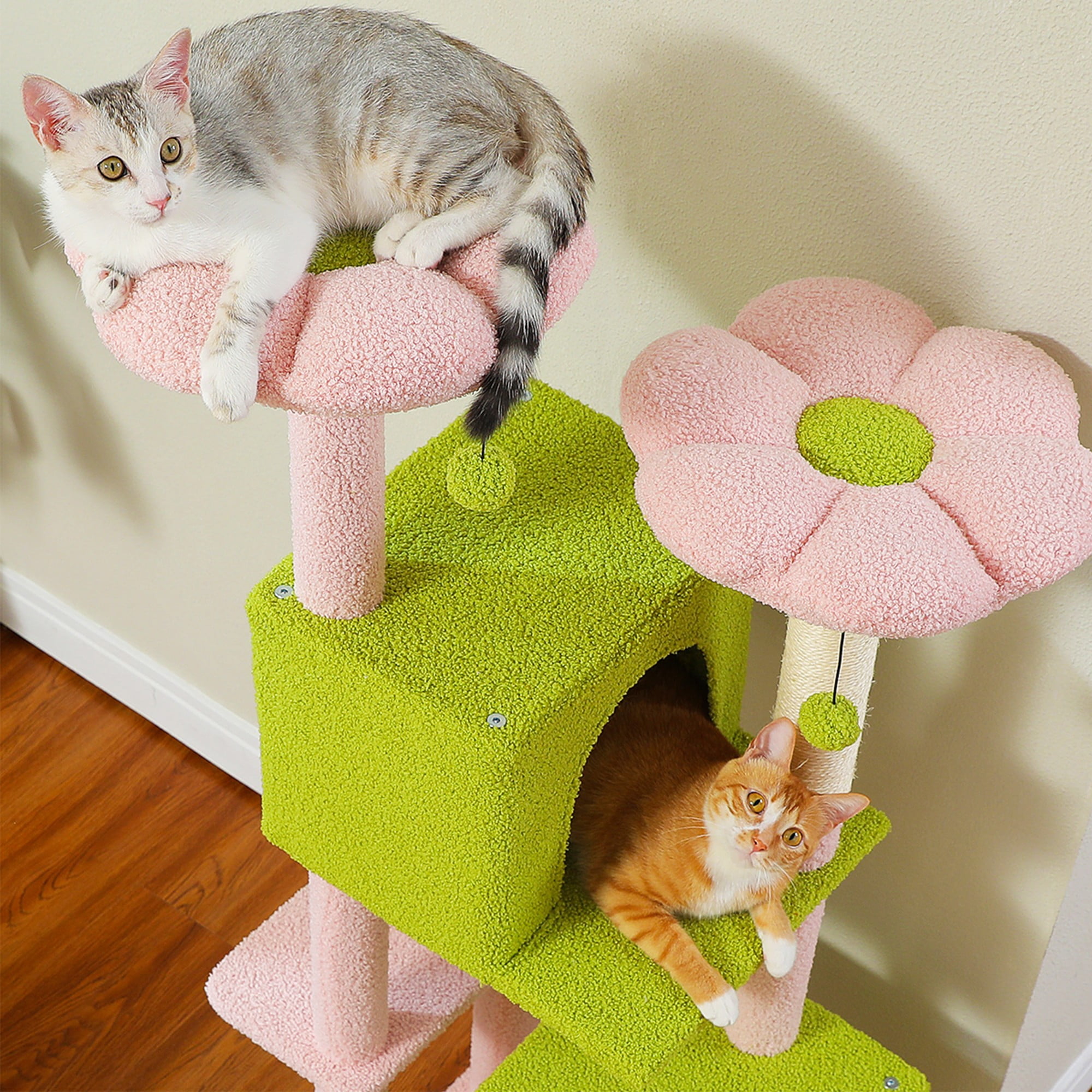Kadyn 52" Multilevel Cat Tree Tower for Indoor Cats, Plush Flower Cat Tree House with 2 Padded Perches, 2 Condos and 2 Scratching Posts, Pink