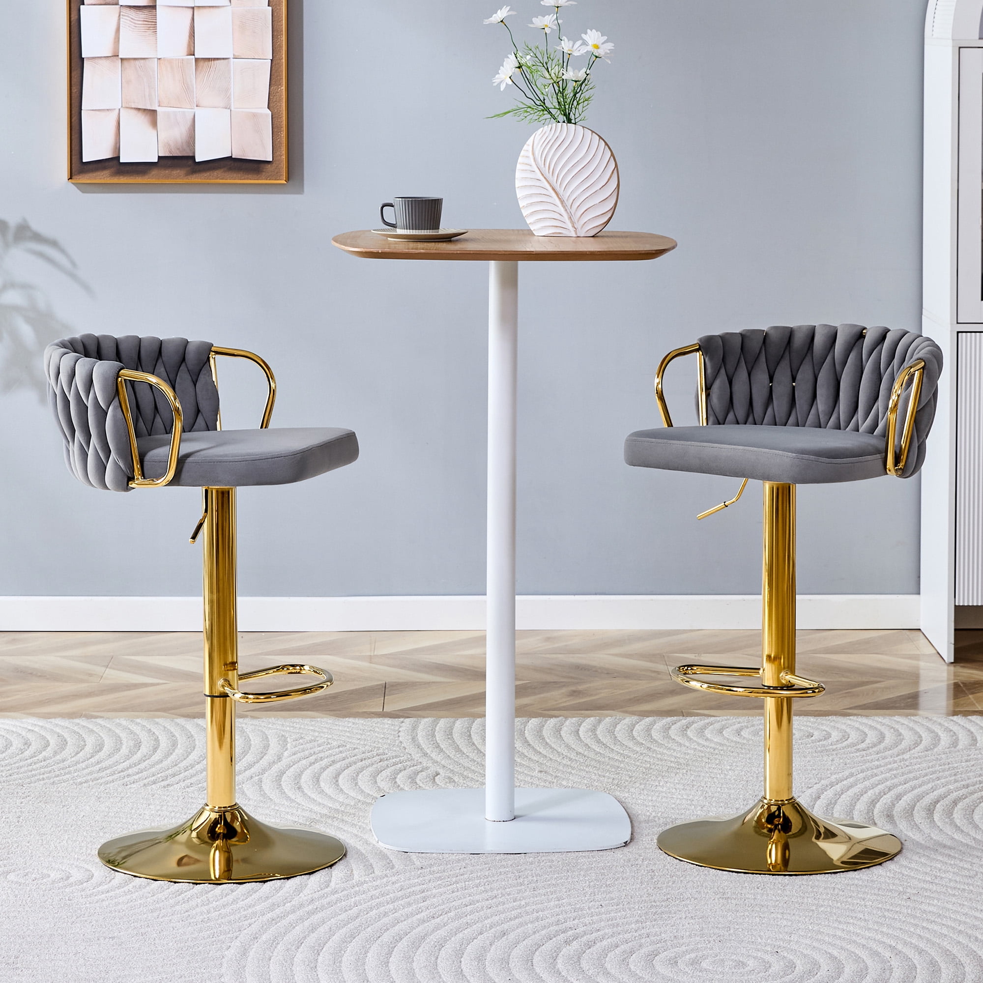 Alvantor Adjustable Bar Stools Set of 2 Modern Velvet Braided Swivel Bar Stools Counter Height Bar Chairs for Kitchen Island Gray