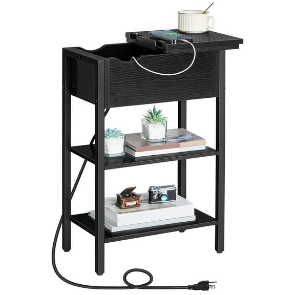 HOOBRO Side Table, Flip End Table with Charging Station and Shelves, USB Ports & Power Outlets, Narrow Nightstand for Small Spaces, Stable and Sturdy, for Living Room, Black BK341BZ01