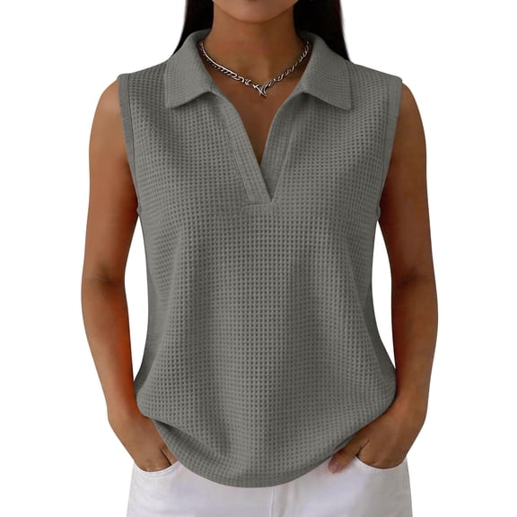Waffle Tank Tops for Women Sleeveless Polo Shirts V Neck Collared Golf Shirts Office Business Casual Summer Vest Tops,Dark Gray,M