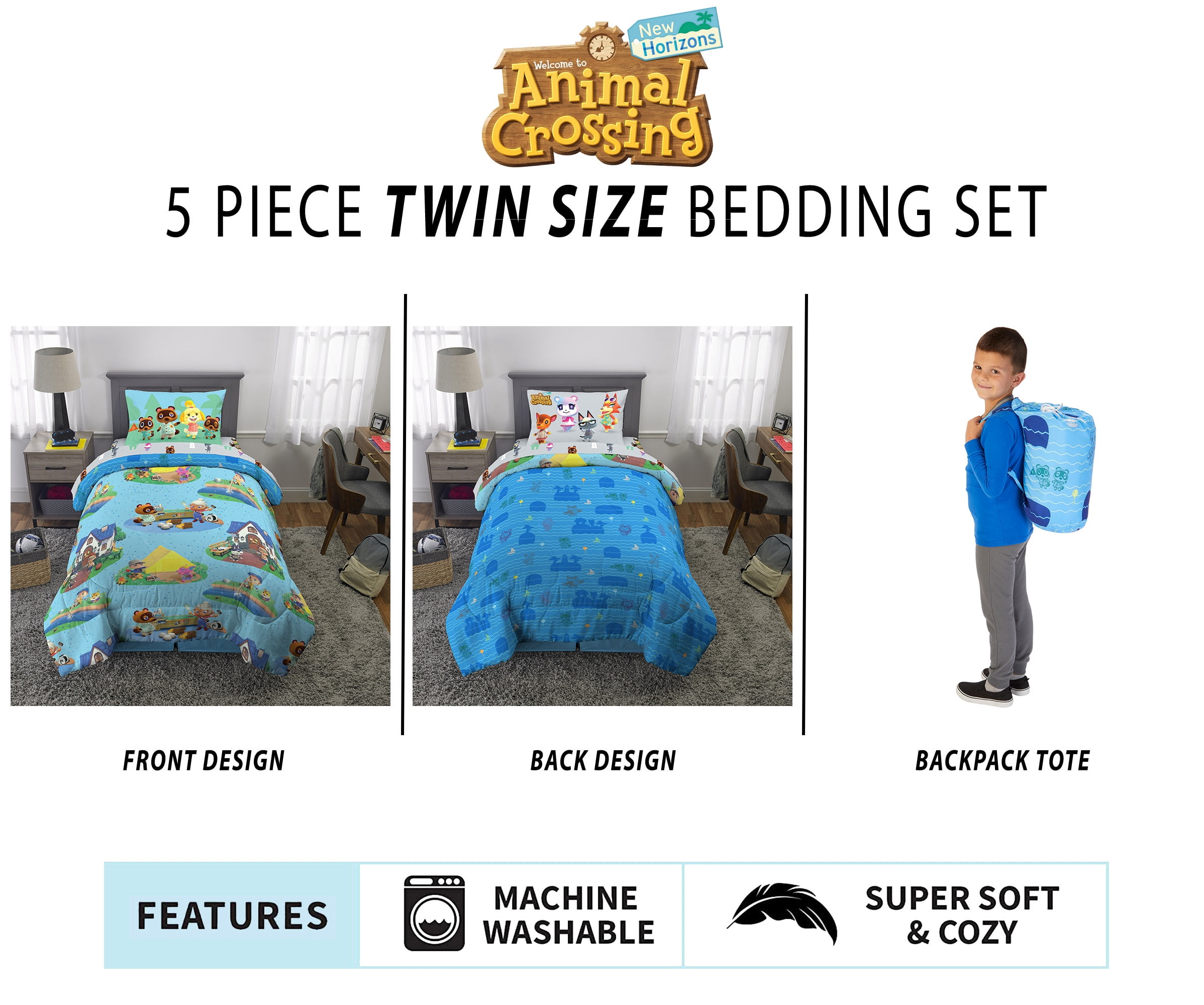 Animal Crossing Kids Twin Bed in a Bag, Comforter Sheet Set and Bonus Tote, Blue, Nintendo