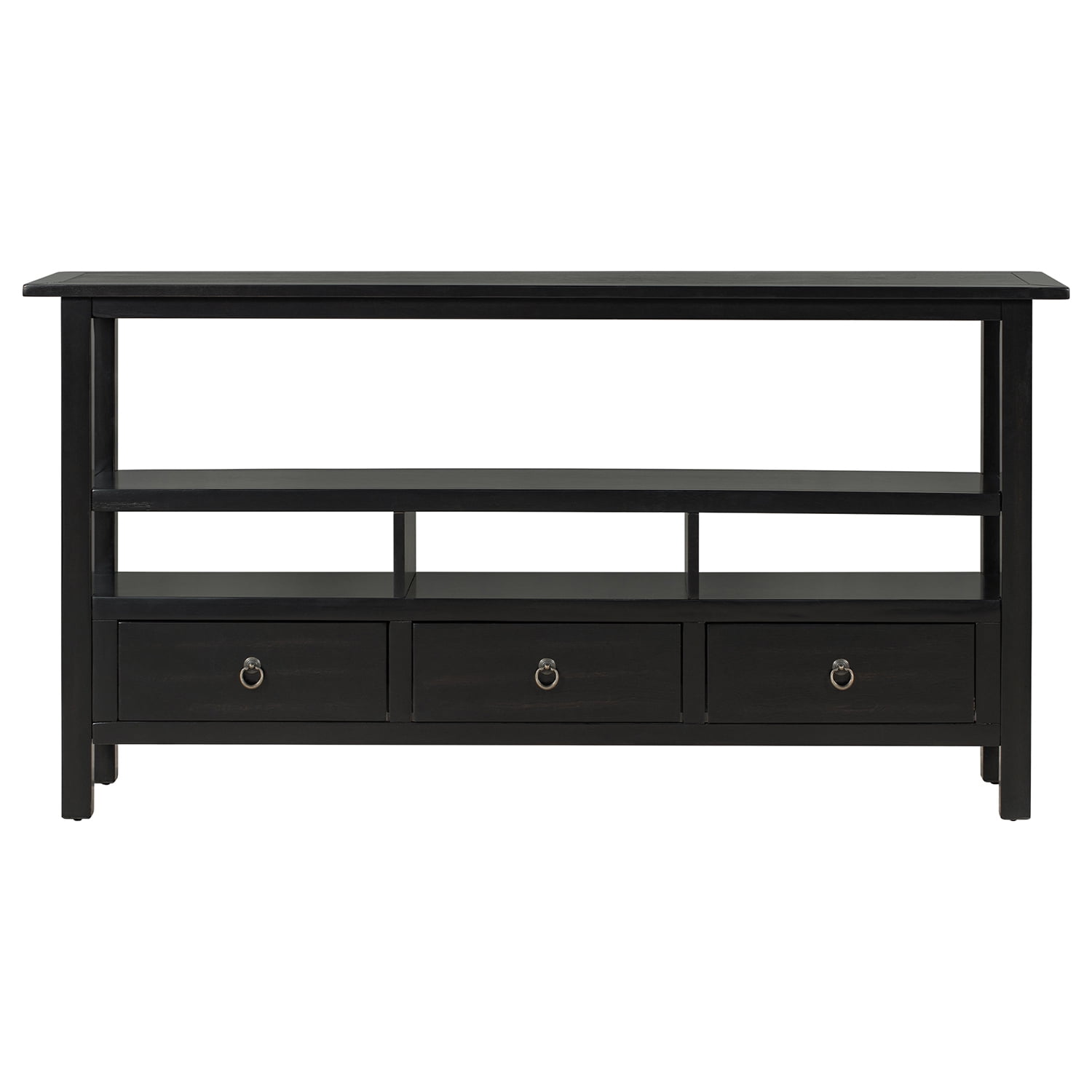 Kadyn Solid Wood Console Table, Sofa Console Table with Three Drawers and Double-Storey Tabletop, Classic Accent Table for Living Room, Distressed Black Kadyn Solid Wood Console Table, Sofa Console Table with Three Drawers and Double-Storey Tabletop, Classic Accent Table for Living Room, Distressed Black