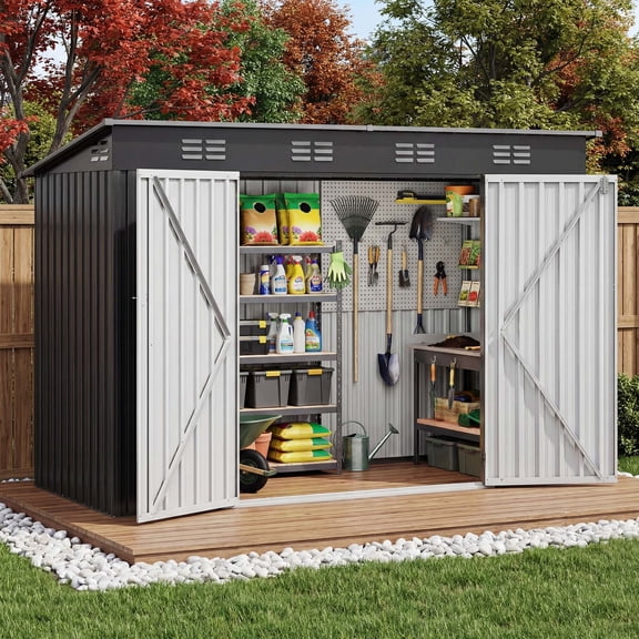 Uforic 9'x4' Metal Garden Storage Shed, Lockable Doors & Sloped Roof, Dark Gray