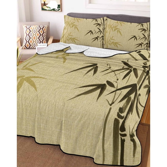 Vintage Bamboos King Size Down Alternative Comforter, Lightweight Comforter Quilt Bedding Set with Pillow Shams Ink Painting Retro Art Rustic All Seasons Bed Comforter Duvet Insert 96"x106"