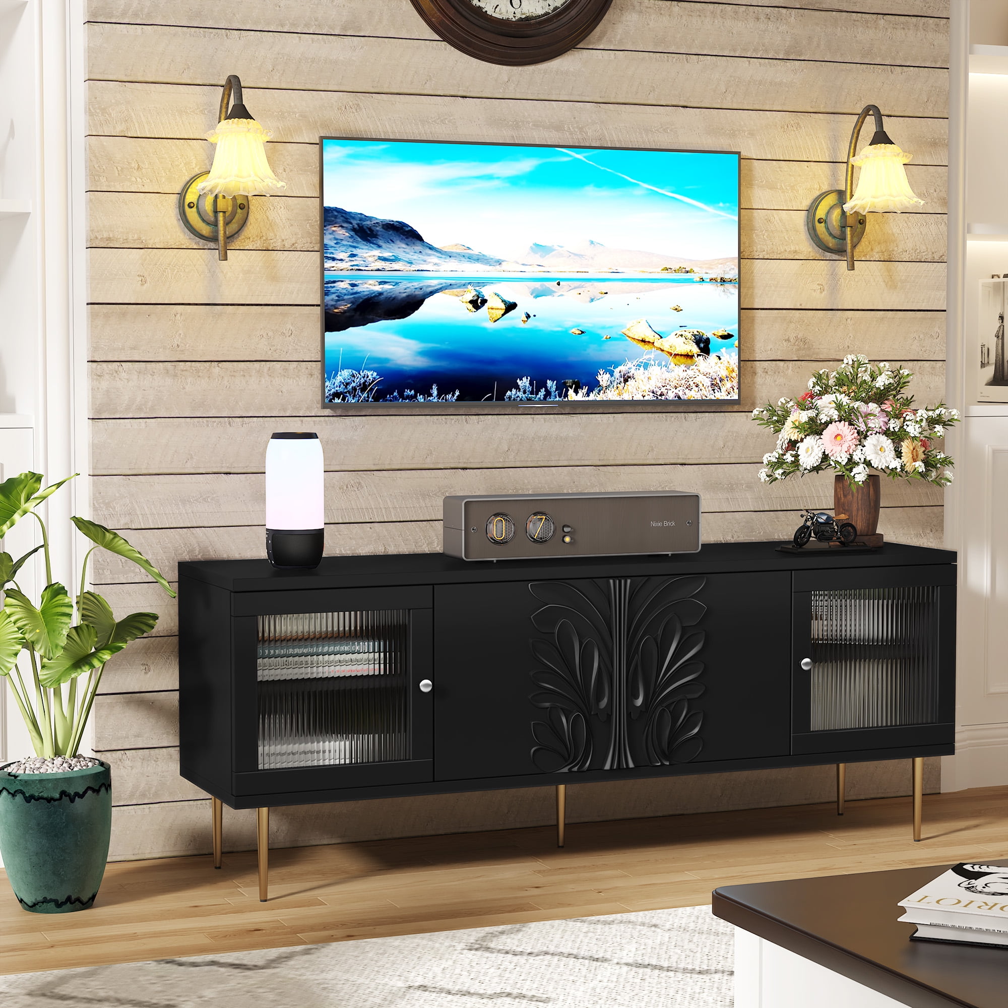 HLR 63" Modern Wood TV Stand with 3D Flower Pattern For TVs Up to 75", Entertainment Center with Storage, Black