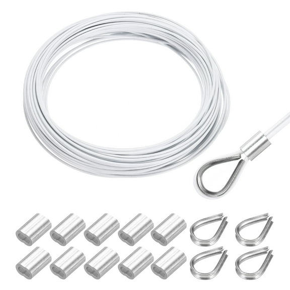 Uxcell 66FT Stainless Steel Cable Railing Kit, 1/16" Vinyl Coated 7x7 Strand Wire Rope with Loop Sleeves and Thimbles White