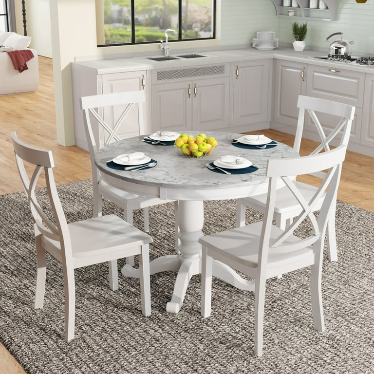 Round Dining Table Set for 4, Kitchen Dining Set with Faux Marble Table and 4 Chairs, Farmhouse Round Dining Room Set, Wepsen 5 Piece Wooden Dining