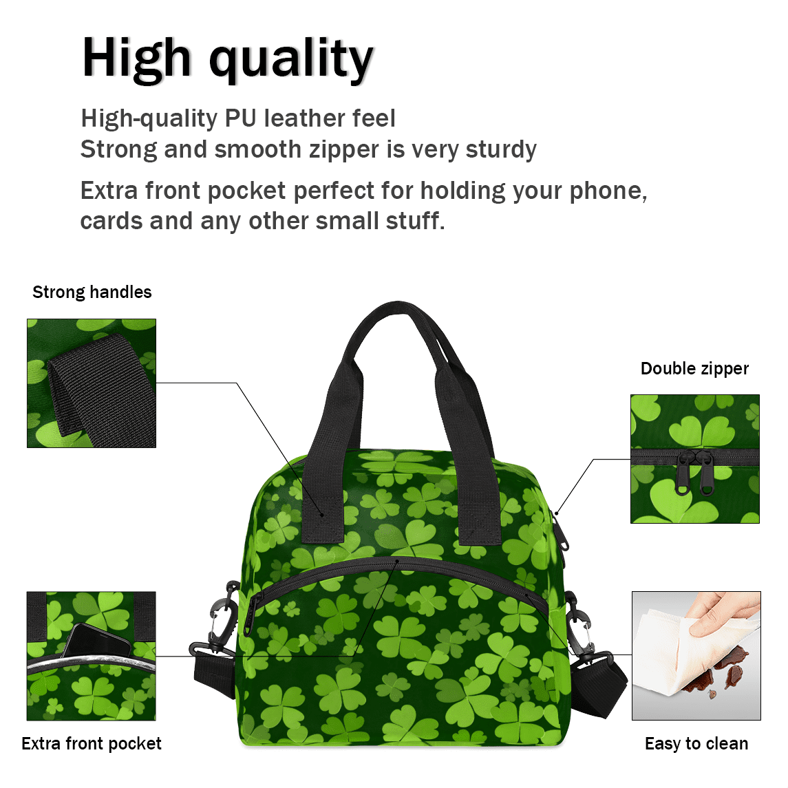 Herdesigns Green Clover Shamrock Insulated Lunch Bag for Women Men Adults Large Reusable Lunch Box St. Patrick's Day Leakproof Cooler Tote Bags with Adjustable Shoulder Strap