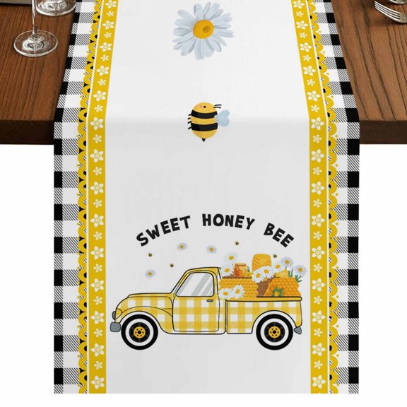 Table Runners 72 Inches Long Dress Scarves, Yellow Truck Farmhouse Kitchen/Dining Table Runner, Coffee Tablerunners, Spring Bees Daisy Honey Black Buffalo Lattice 14x72 Inch
