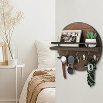 Classic Round Wooden Wall Shelf with Hooks | Brown Natural Wood Entryway Organizer for Keys & Sunglasses | 30x30cm Multi-Functional Decorative Storage Rack for Living Room & Hallway