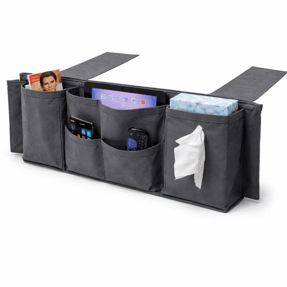 Dependable Industries Inc. Essentials 5-Pocket Bedside and Couch Caddy Organizer, Hanging Storage Pouch for Bed, Sofa, Dorm and Bunk Bed, Gray
