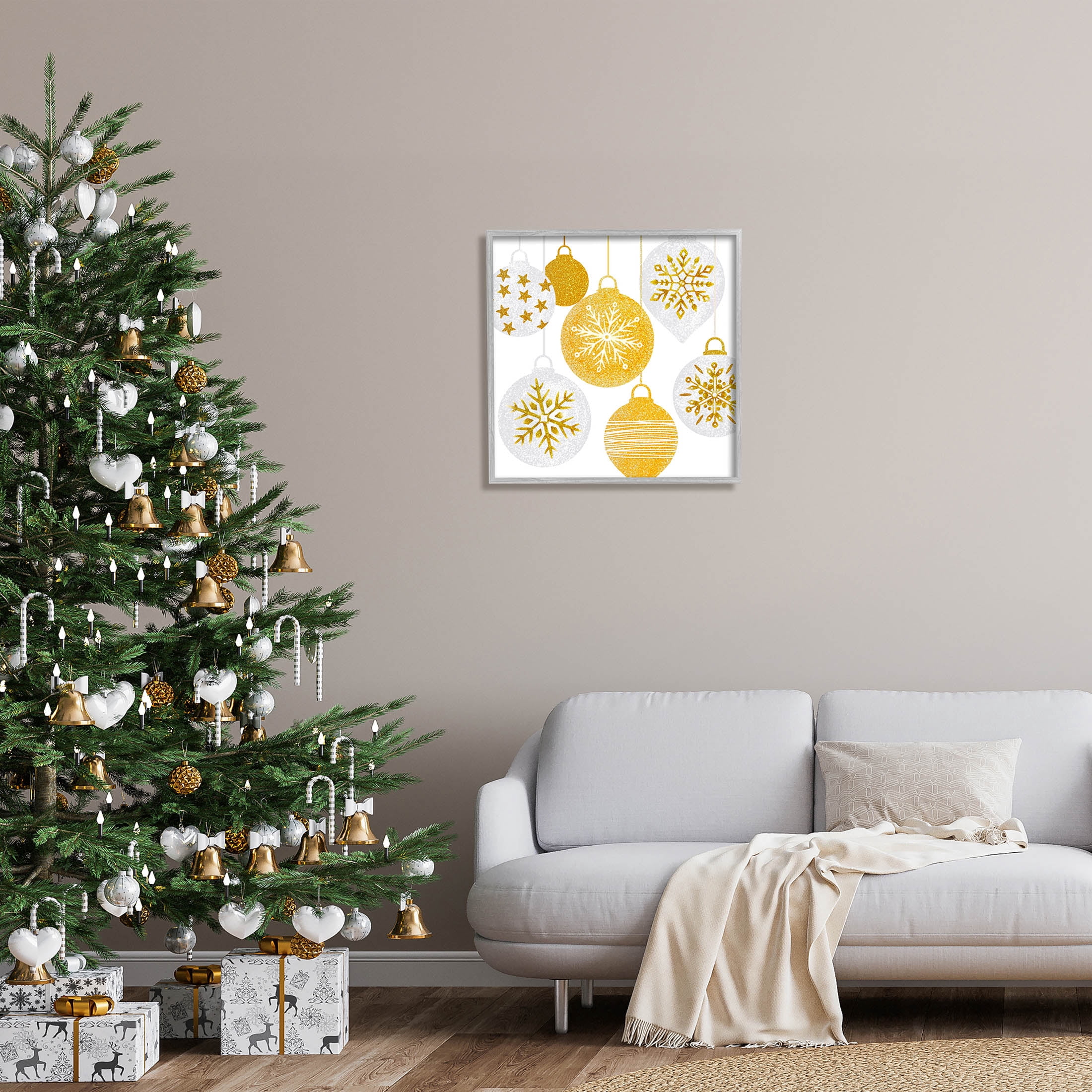 Glimmering Hanging Christmas Baubles Holiday Graphic Art Gray Framed Art Print Wall Art