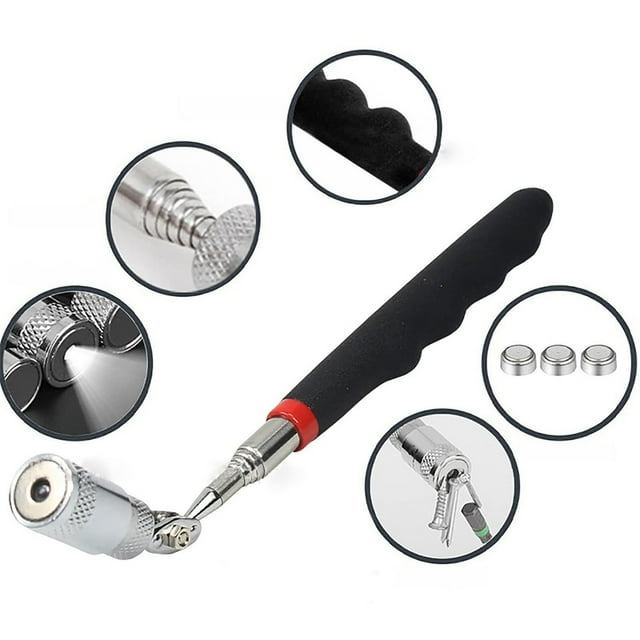 HaoXun LED Magnetic Pick-up Tool with Light - Retractable Stainless Steel Telescopic Suction Rod for Metal Parts Retrieval in Narrow Spaces, Car Repair, Home & Workshop Use