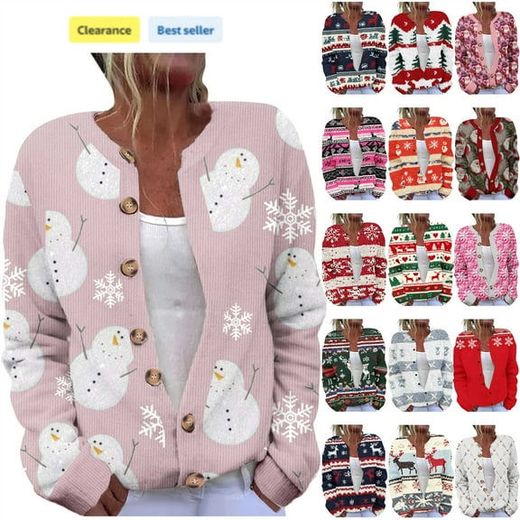 QATAINLAV Sweaters Cardigan for Women Xmas Cute Themed Holiday Tops Button Long Sleeve Knitted Sweater Christams Gifts, Red, XXL