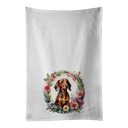 

Dachshund and Flowers Kitchen Towel Set of 2 White Dish Towels 19 in x 28 in