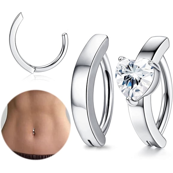 NOGIS 2Pcs 14G Clicker Belly Button Ring for Women Surgical Steel CZ Opal Belly Ring Simple Reverse Navel Rings Body Jewelry