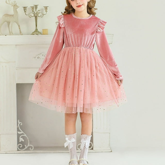 TIMIFIS Princess Dress Mode pour Filles en Tulle Étoile à Paillettes Manches Longues Couleur Unie Col Ras du Cou Robe Midi Ligne A Mariage Fête Soirée Danse Anniversaire Robe de Bal Robe pour Enfants
