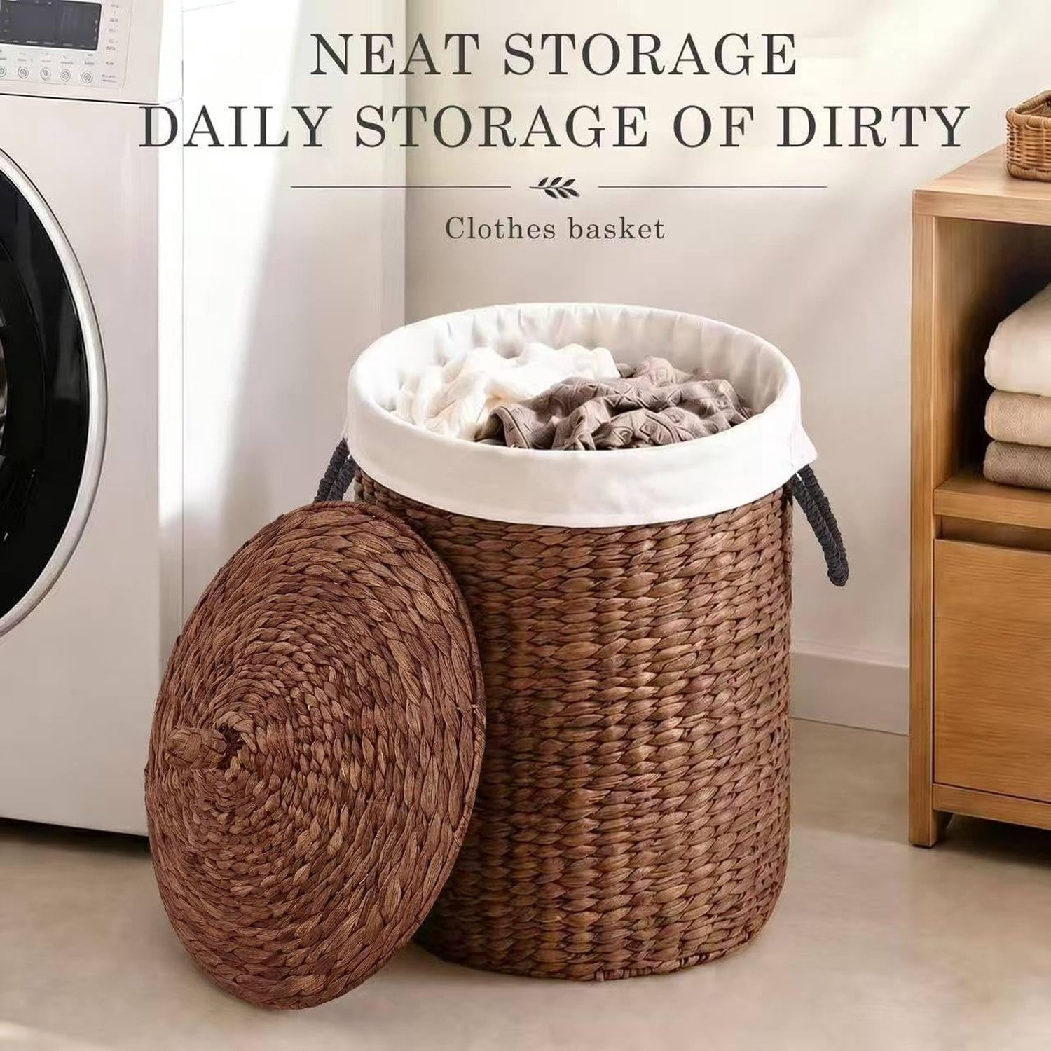 Round Laundry Hamper with Lid, Woven Natural Water Hyacinth, 17.52 in Diameter x 20.87 in Height