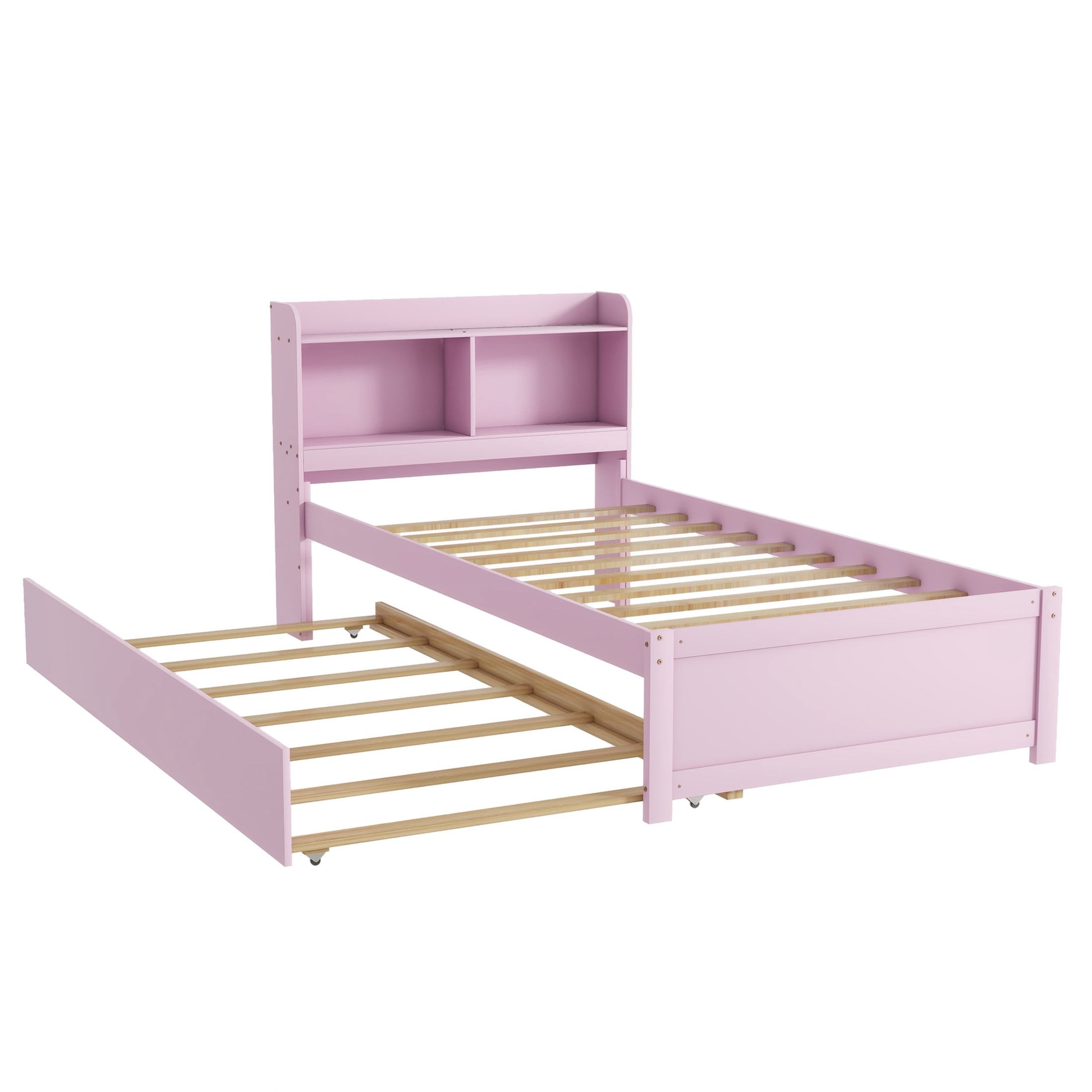 Noble House Katen Twin Bed with Extra Trundle and Bookcase Storage, Pine Wood Platform Bed with Bookshelf, Pink