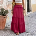 thumbnail image 5 of Long Skirts for Women Solid Color Elastic High Waist Tiered Pleated Casual Boho Flowy Beach Holiday Summer Maxi Skirt S-2XL, 5 of 6