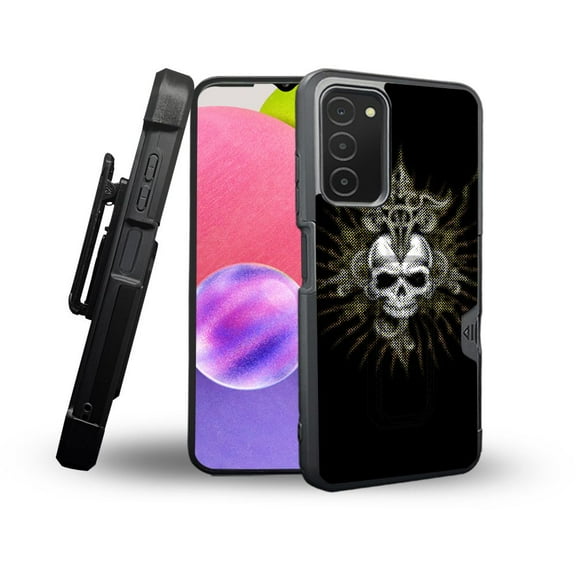 ANJ  Rugged Shockproof Holster Case Card Slot Kickstand   Tempered Glass Cover for Samsung Galaxy A03s - Shadow Skull
