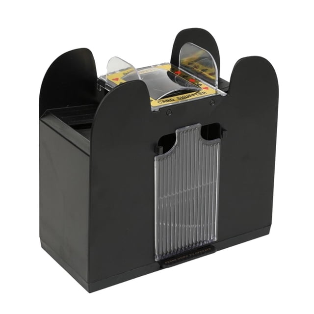 Dealer Dispenser Electric for Tournament 6 Deck Enhanced, a fully automatic card shuffling machine made of durable ABS material. The black device features a compact design with a transparent card slot and grooves for stable operation. Suitable for Texas Hold'em, trading card games, and casino use. Powered by batteries or USB, it accommodates up to six decks of standard-sized cards. Includes a USB cable for convenience.
