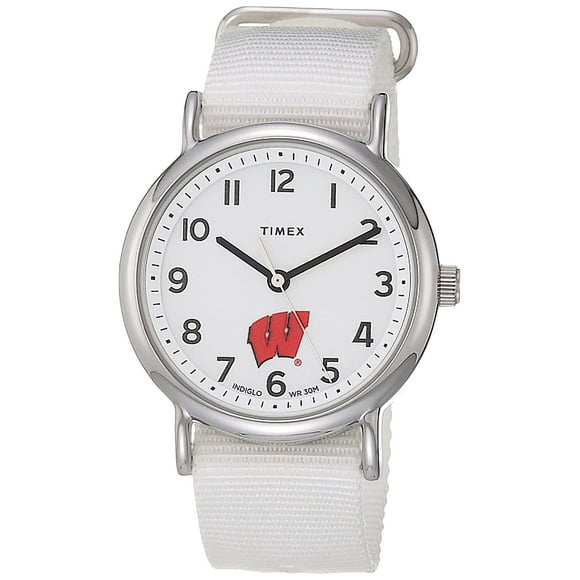 Timex Womens collegiate Weekender 38mm Watch - Wisconsin Badgers with White Fabric Slip-Thru Strap