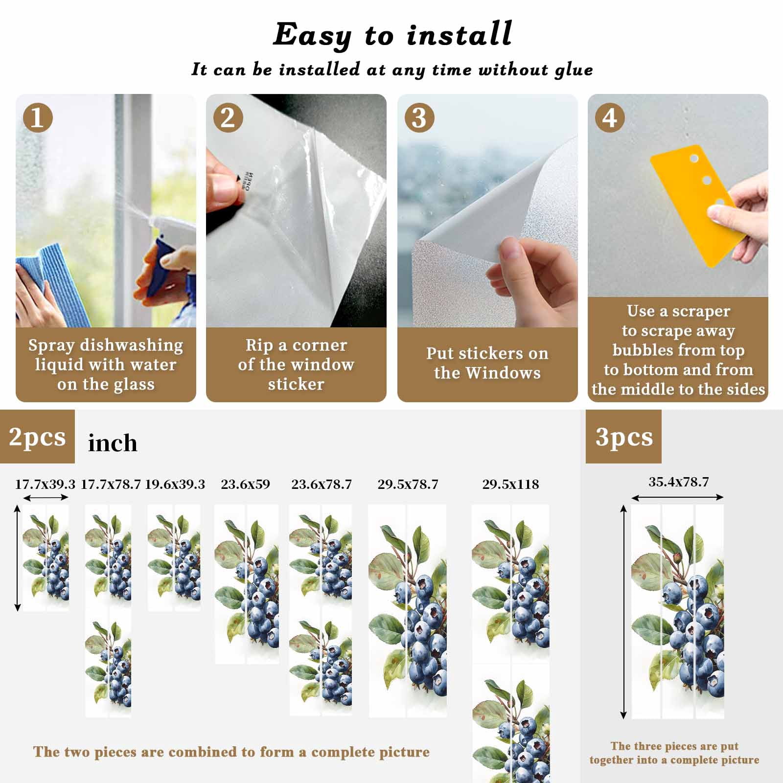 Blueberries Window Privacy Film, Farmhouse Blue Fruits Green Botanical Static Cling UV Sun Blocking Heat Control Window Tint Day and Night, Non-Adhesive One Way Windows Privacy Cover 23.6''x59''